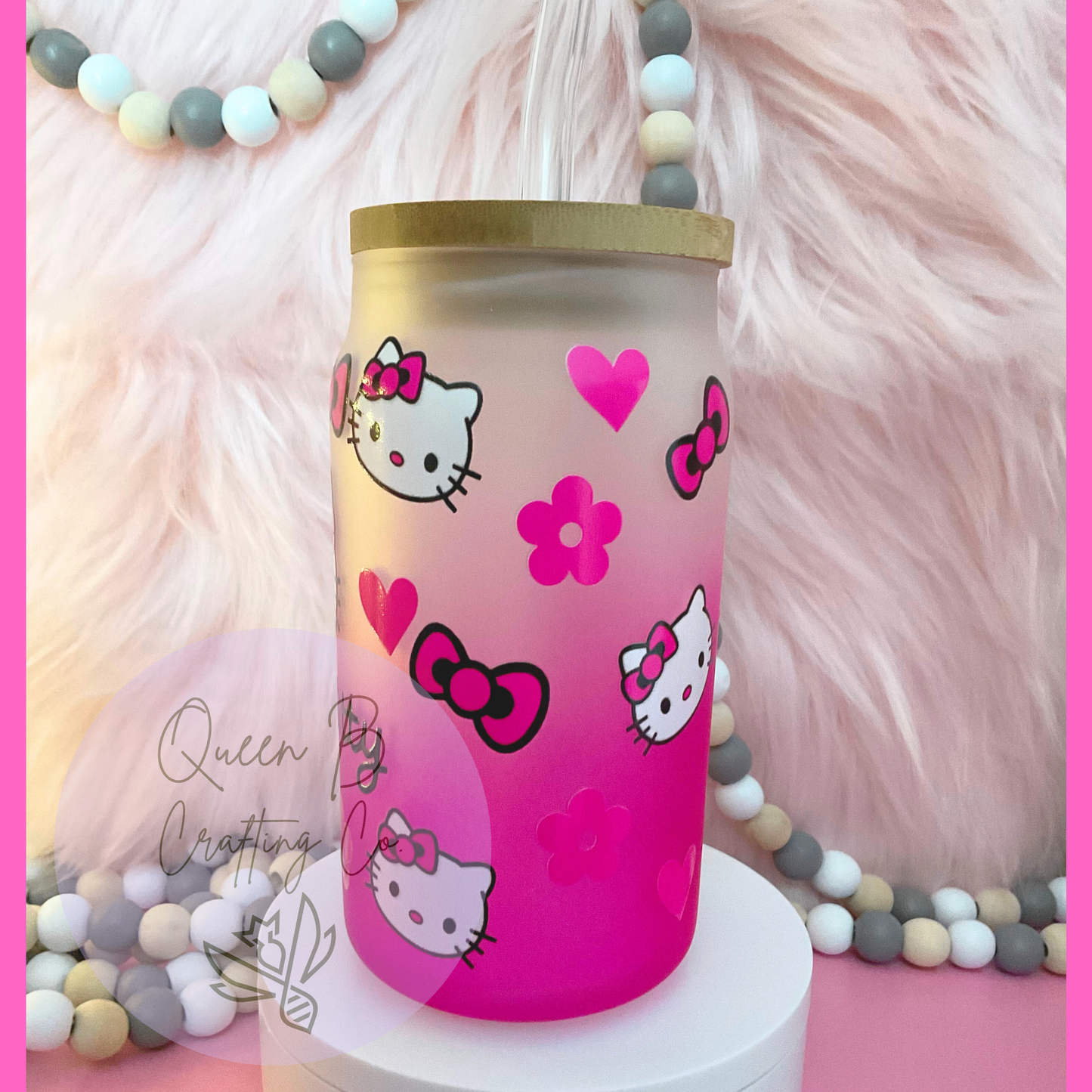 Kawaii 16 oz Kitty Cup, Pink Ombre cup, Cute Kitty Glass Cup, 16oz Glass Cup, Pink Kitty Glass Cup, Gifts For Her