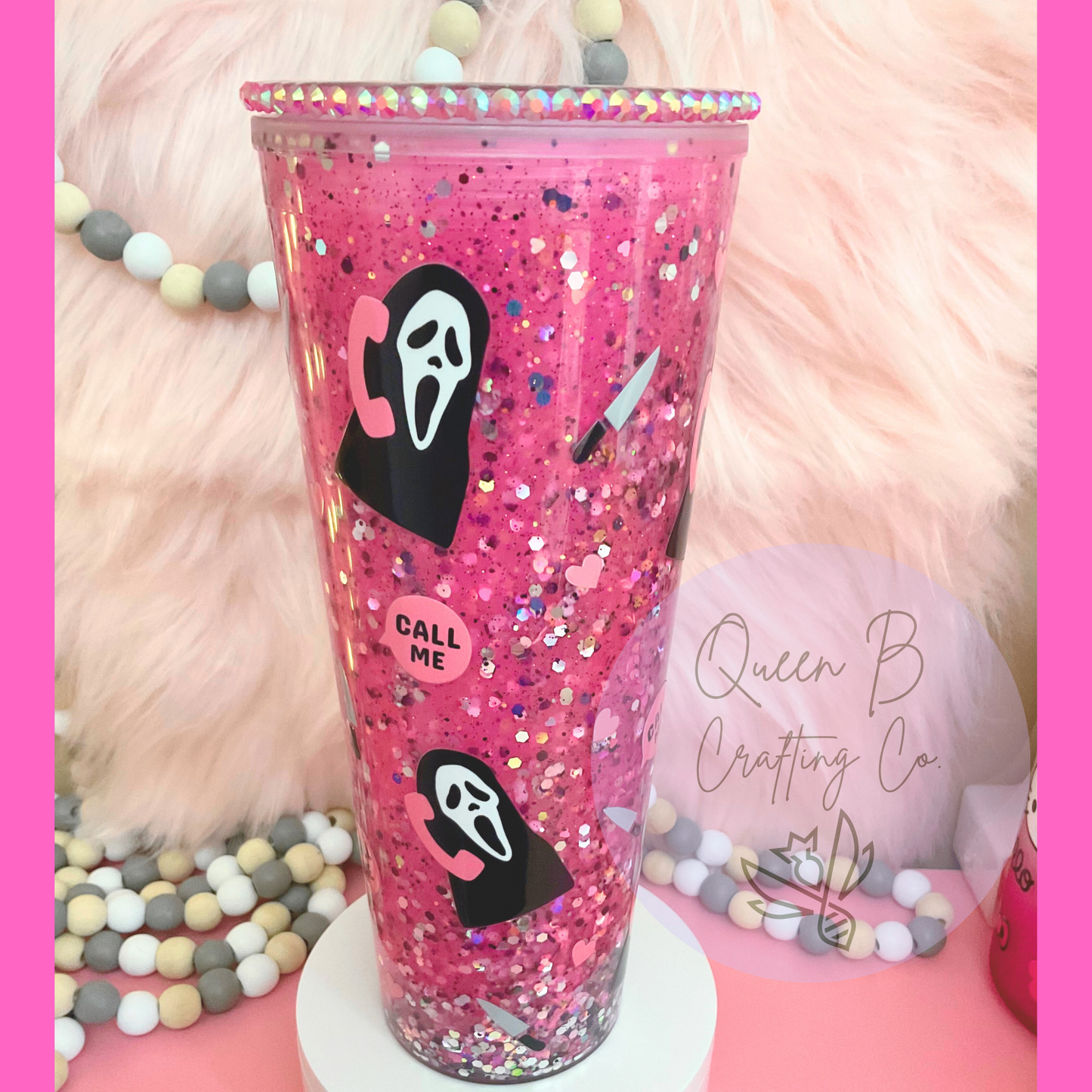 24oz Tumbler, Valentines Ghost face Cup,snowglobe Glitter tumbler, Scream Cup, Scream Tumbler, pink glitter tumbler