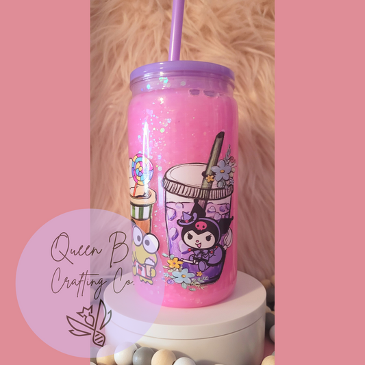 16 oz Pink Saniro Snowglobe Pink Glitter Cup