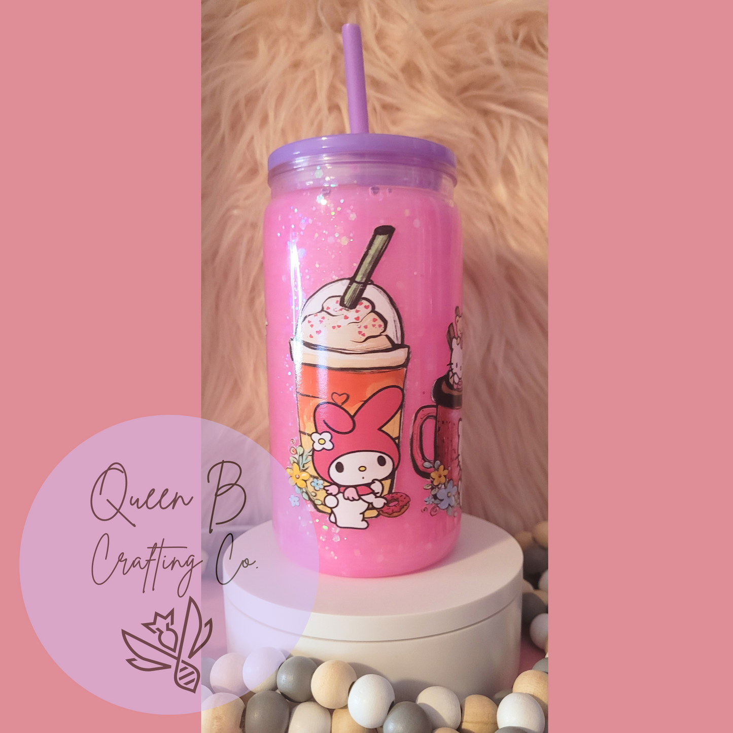 16 oz Pink Saniro Snowglobe Pink Glitter Cup