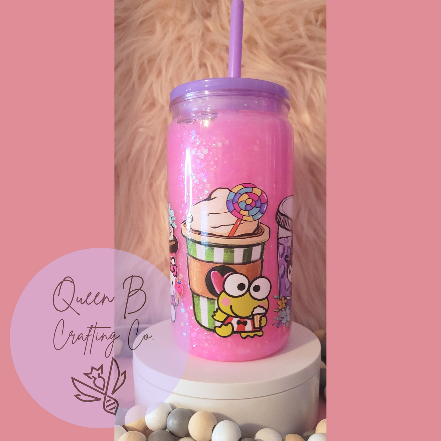 16 oz Pink Saniro Snowglobe Pink Glitter Cup