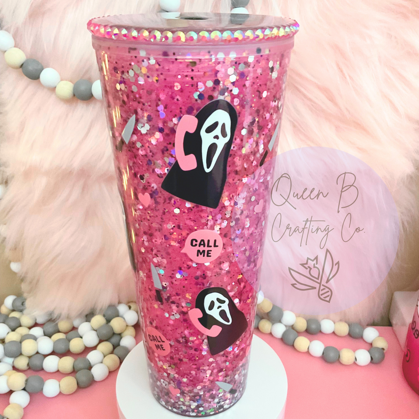 24oz Tumbler, Valentines Ghost face Cup,snowglobe Glitter tumbler, Scream Cup, Scream Tumbler, pink glitter tumbler