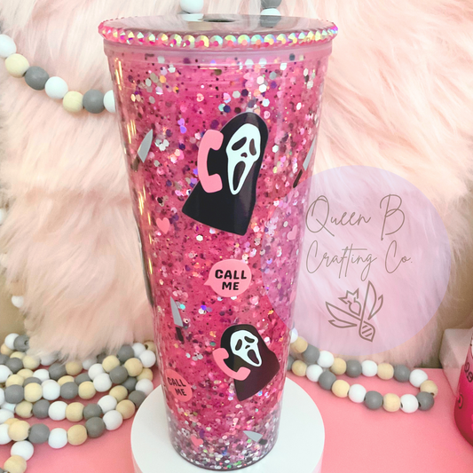 24oz Tumbler, Valentines Ghost face Cup,snowglobe Glitter tumbler, Scream Cup, Scream Tumbler, pink glitter tumbler