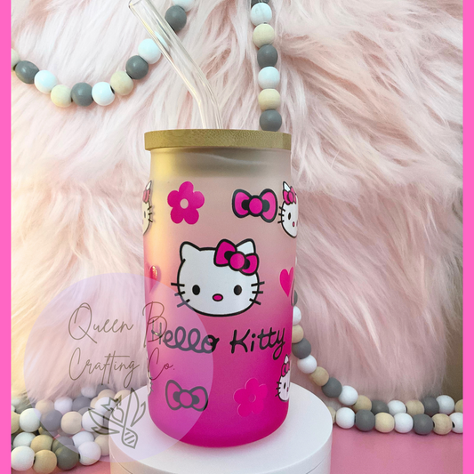 Kawaii 16 oz Kitty Cup, Pink Ombre cup, Cute Kitty Glass Cup, 16oz Glass Cup, Pink Kitty Glass Cup, Gifts For Her